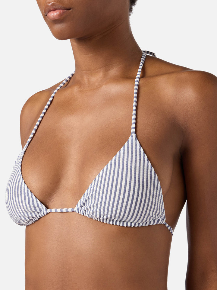 Leah triangle bikini top in blue seersucker striped fabric