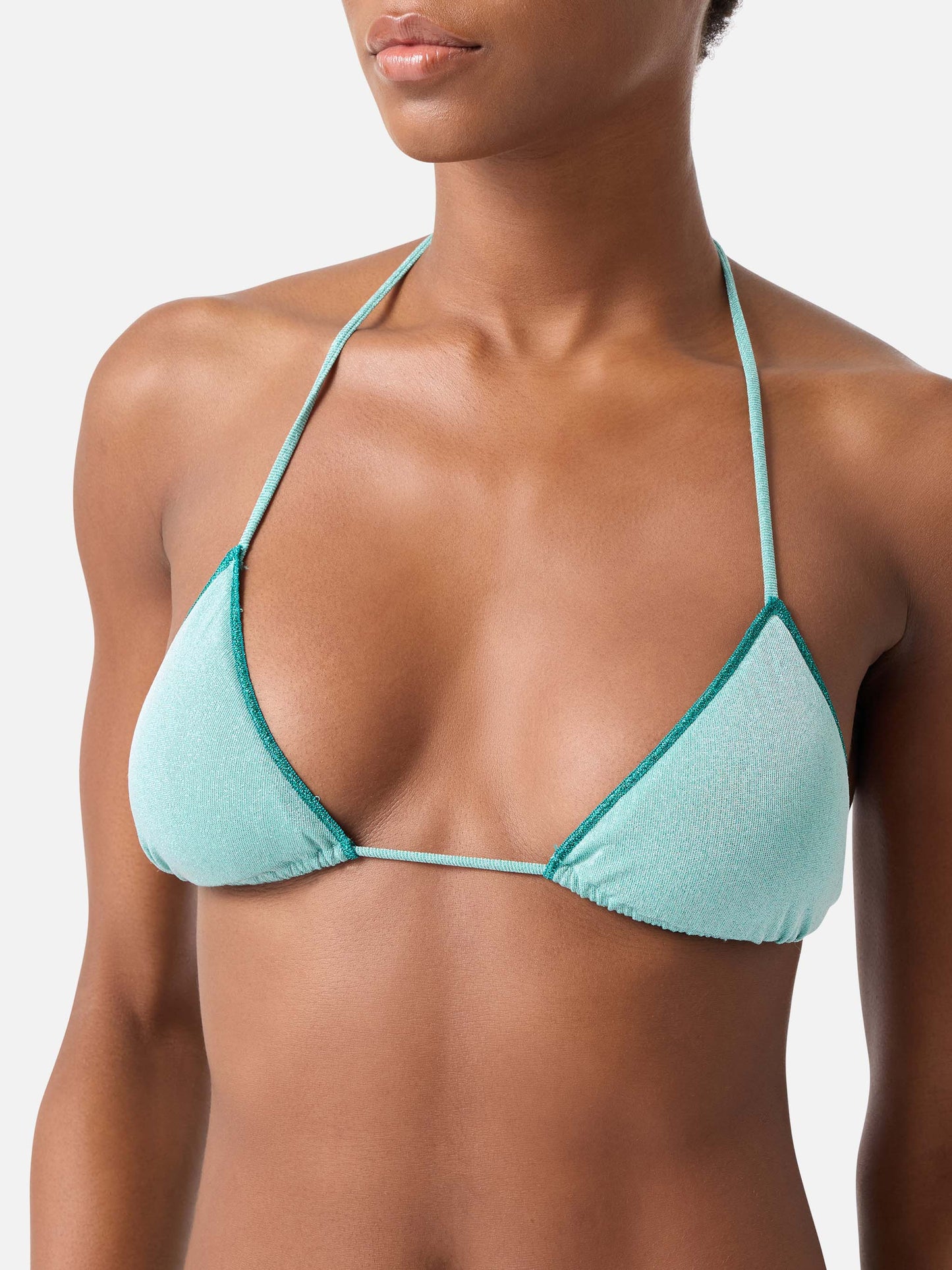 Top de bikini de triángulo Leah en lurex verde agua 