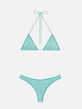 Bikini triangular Leah Naomi de lúrex verde agua 
