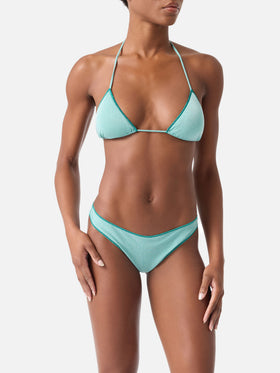 Bikini triangular Leah Naomi de lúrex verde agua 