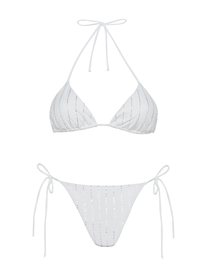 White classic triangle bikini Leah Marielle with striped rhinestone embellishment