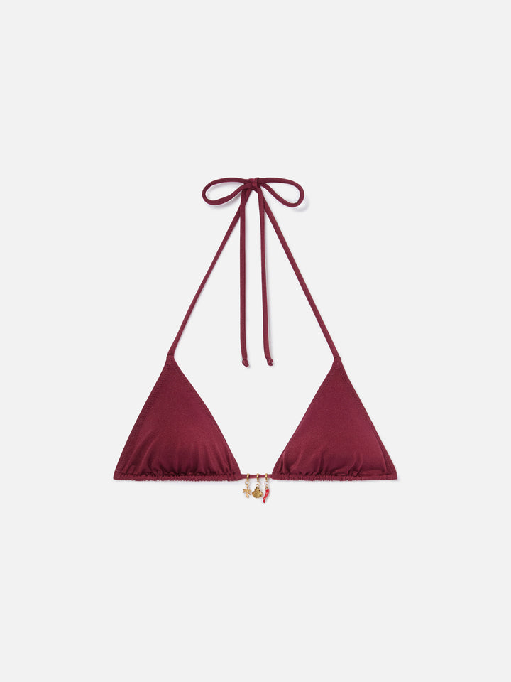 Leah triangle bikini top in red glossy finish fabric with charms