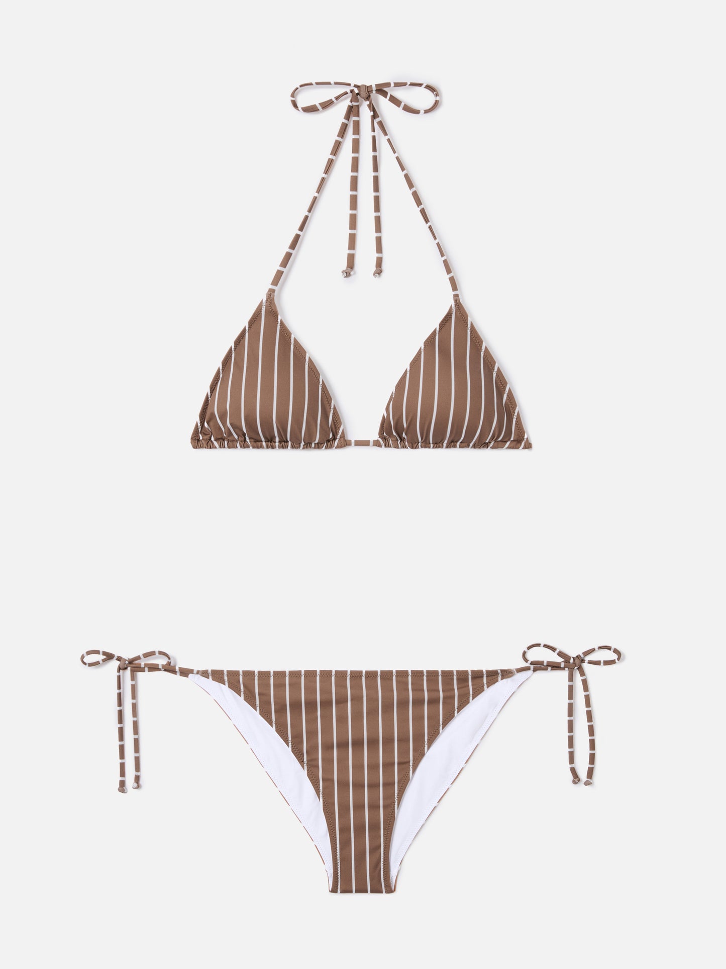 Leah Virgo beige and brown vertical striped bikini