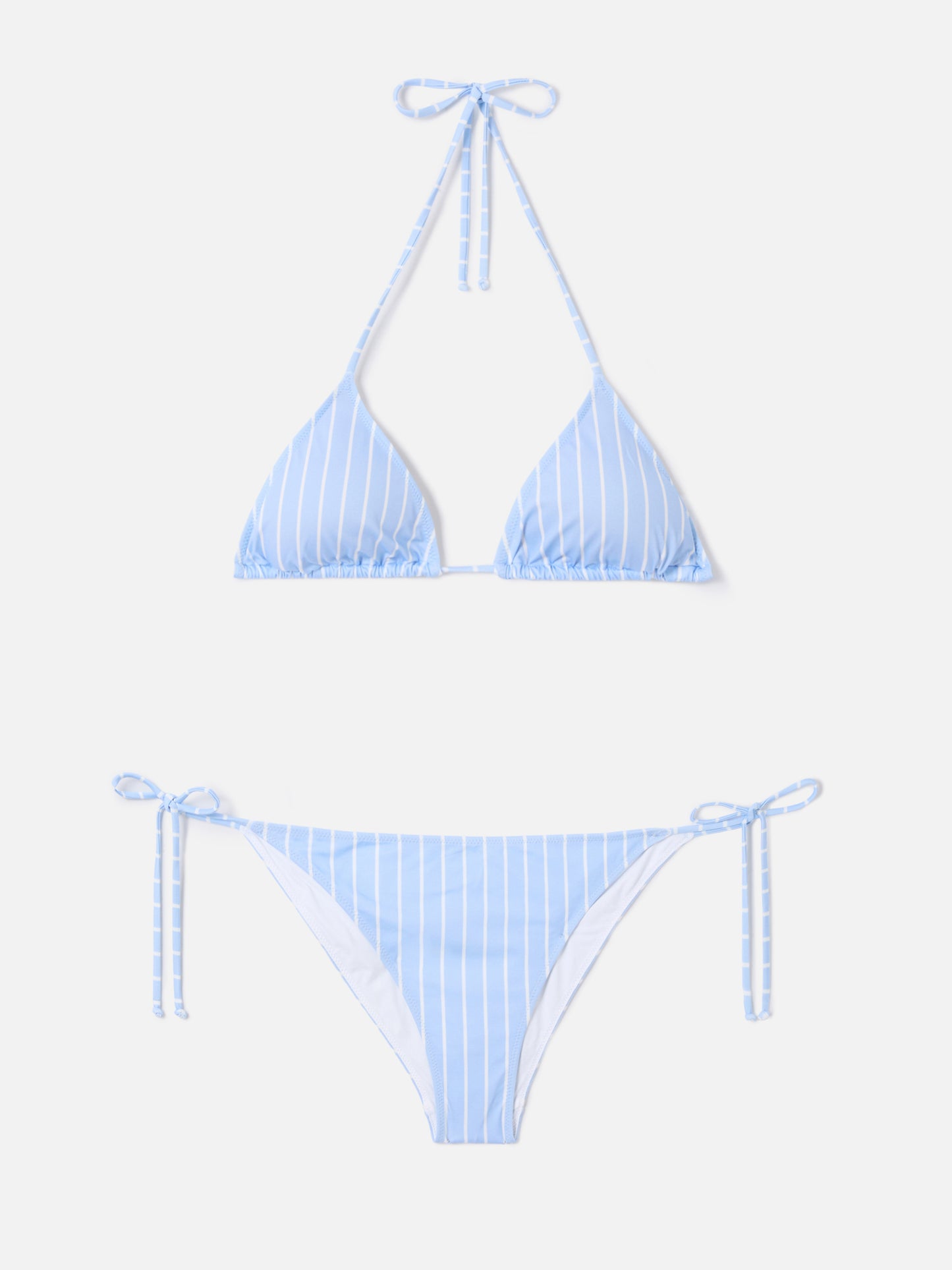 Leah Virgo light blue and white vertical striped bikini