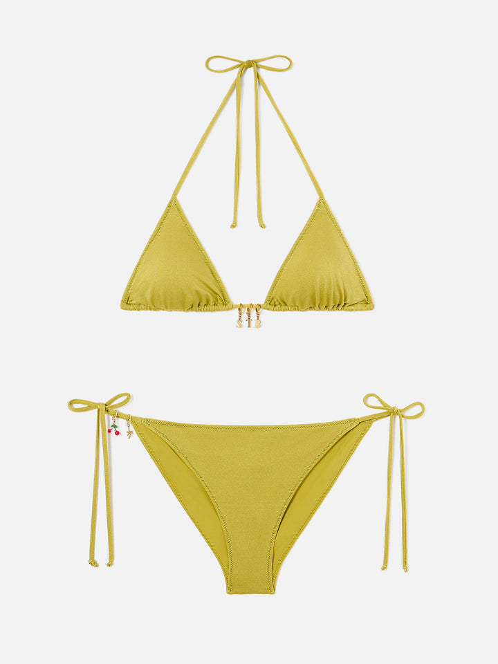 Leah Virgo Triangel-Bikini in Pistaziengrün mit glänzendem Finish und Charms 