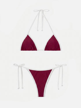 Leah Virgo String-Bikini in Burgunderrot mit weißen Kontrastbesätzen 