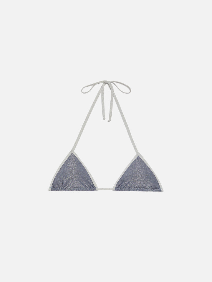 Leah top triangolo in lurex color avio blue con profilo argento