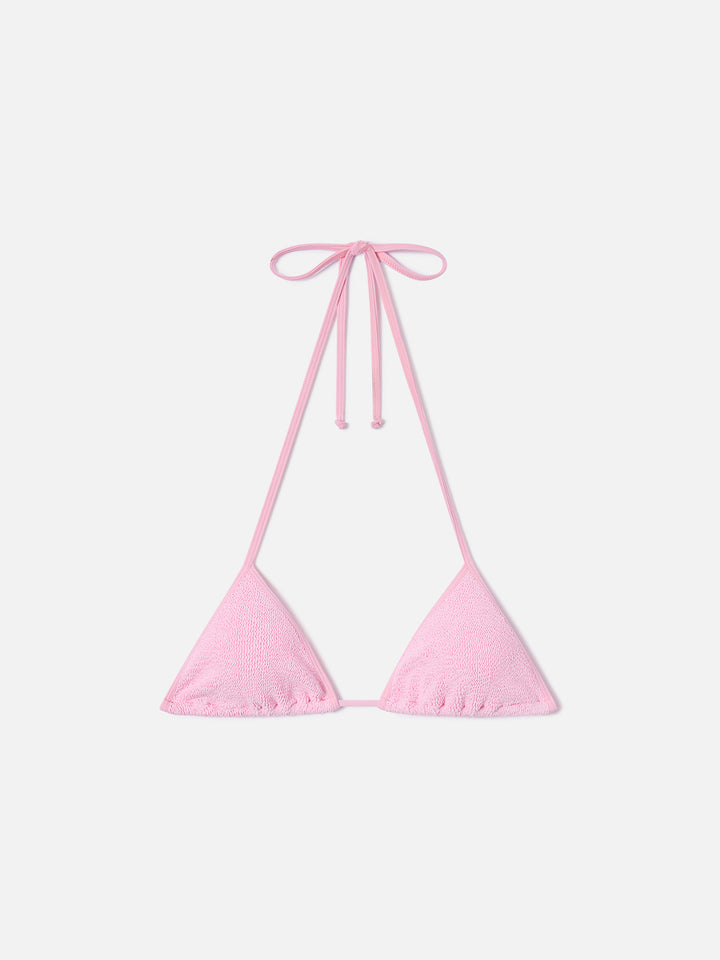 Haut de bikini triangle à ficelles Leah rose avec bordures blanches 