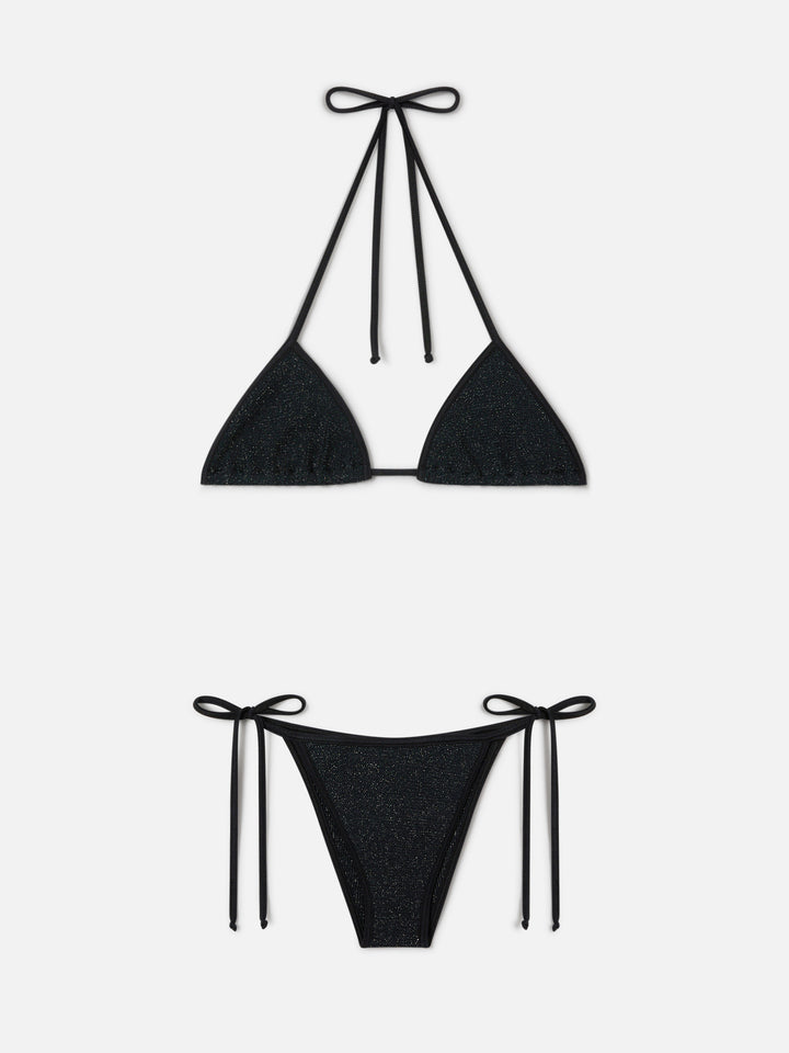 Bikini de triángulo Leah Marielle en tejido crinkle lurex negro 