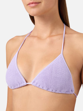Top de bikini triangular con tiras Leah en tejido crinkle lurex lila 