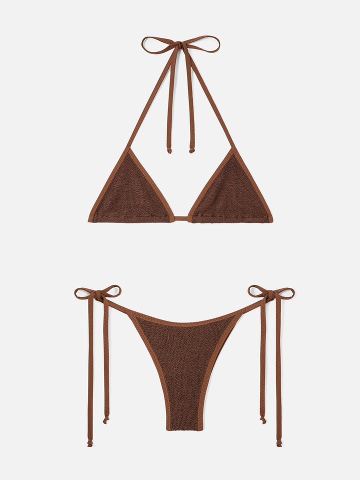 Bikini Leah Norah triangolo in tessuto crinkle marrone con piping