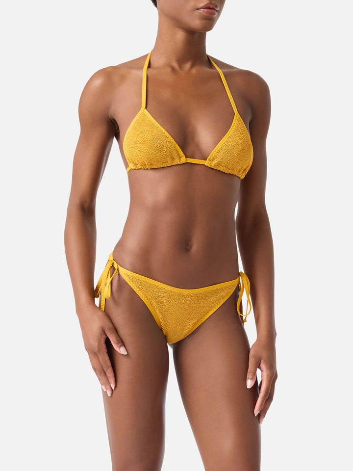 Leah Marielle ochre crinkle triangle bikini with piping