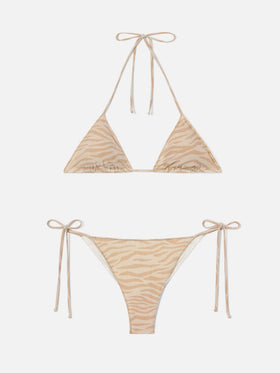 Leah Marielle Overlock Bikini aus Lurex mit Zebra-Print 