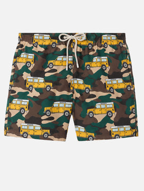 Lighting swim shorts with off-road car print