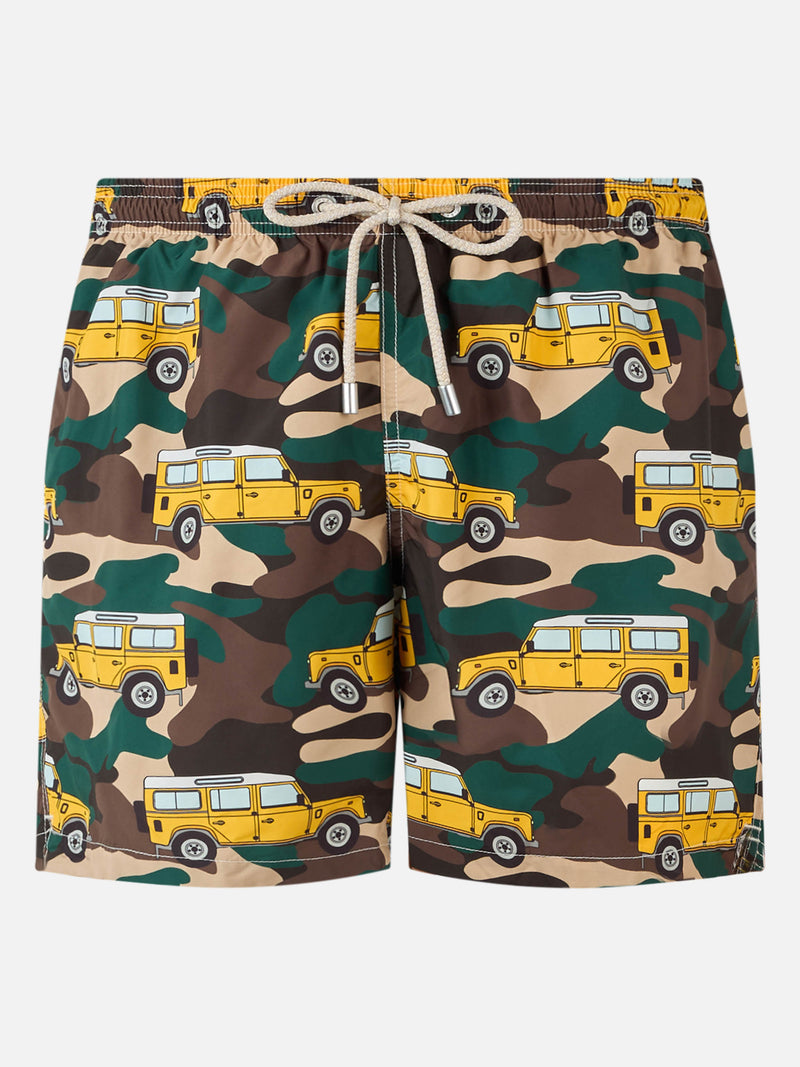 Man lightweight fabric swim-shorts Lighting with off-road car print