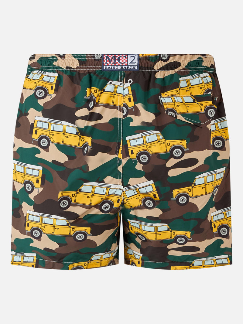 Man lightweight fabric swim-shorts Lighting with off-road car print