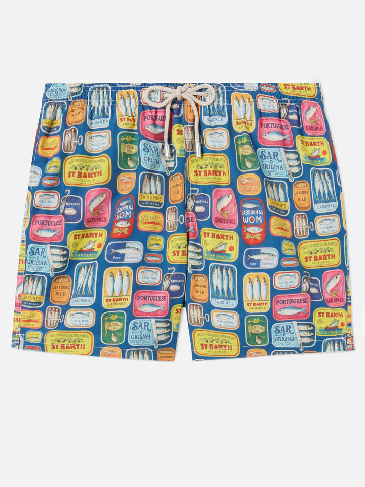 Costume mare Lighting blu con stampa lattine di sardine all-over