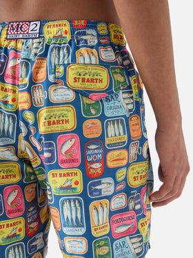 Blue Lighting swim shorts with all-over sardine tins print