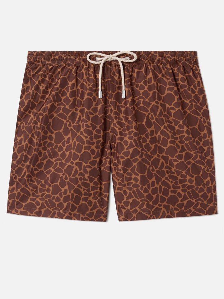 Brown Lighting swim shorts with all-over animal print