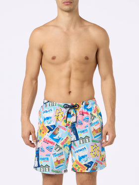 Man lightweight fabric swim-shorts Lighting with postcard print