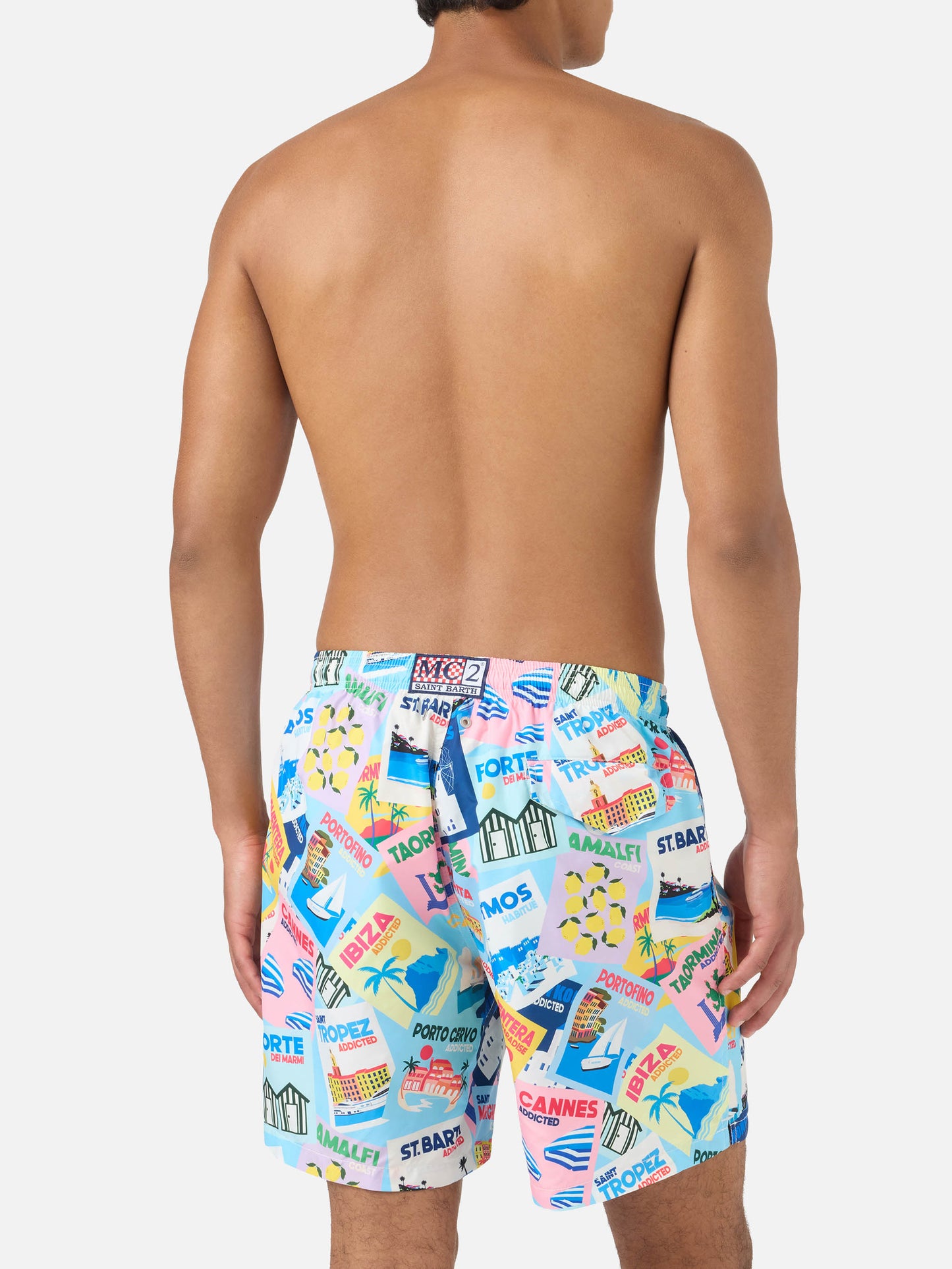Lighting swim shorts with postcard print