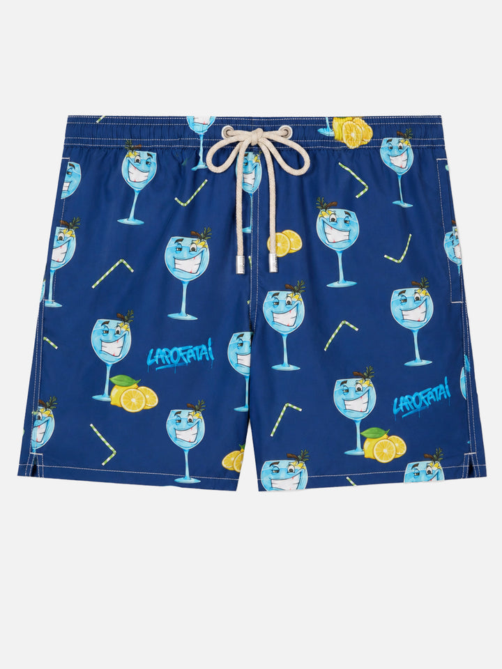 Lighting swim shorts with Cryptopuppets Gin Tonic print in blue | Special Edition