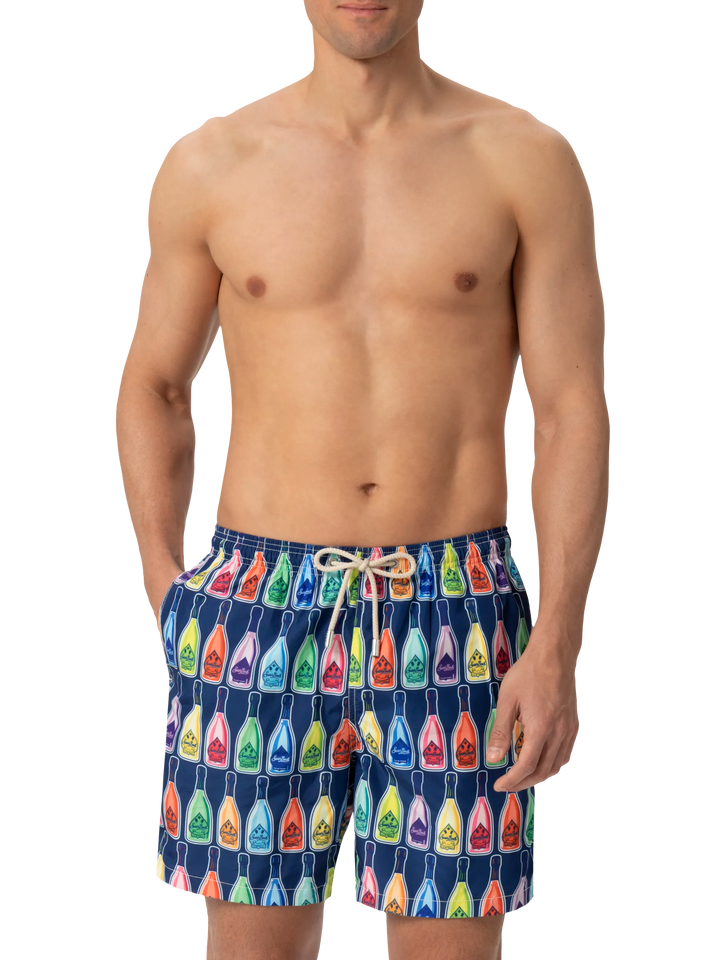 Lightweight fabric swim-shorts Lighting with bottles print
