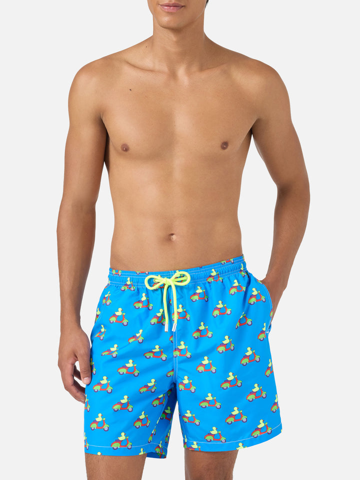 Blue swim shorts with ducks on scooters print | Special Edition