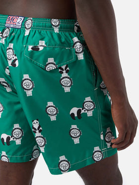 Green Lighting swim shorts with all-over panda and watches print