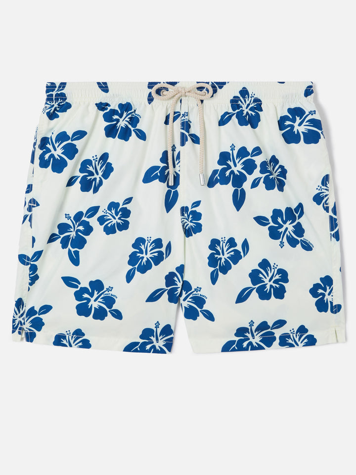 White Lighting swim shorts with all-over hibiscus print