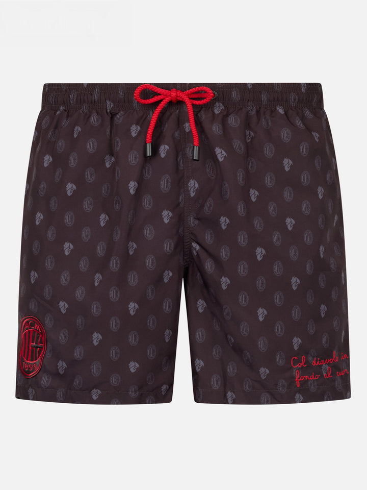 Man lightweight fabric swim shorts with Milan logo print and patch | AC MILAN SPECIAL EDITION