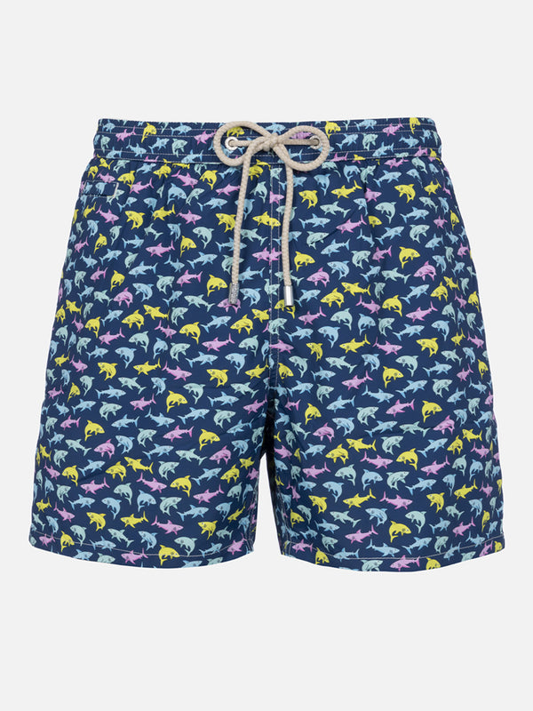 Man lightweight fabric swim-shorts Lighting Micro Fantasy with shark print