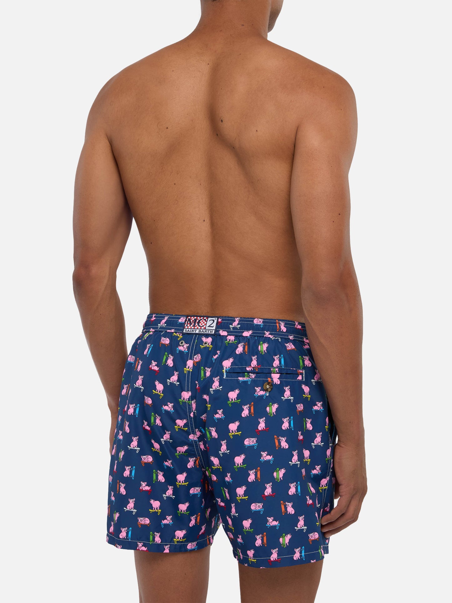 Herren-Badeshorts aus leichtem Stoff mit Skaterschwein-Aufdruck