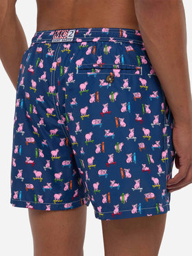 Herren-Badeshorts aus leichtem Stoff mit Skaterschwein-Aufdruck