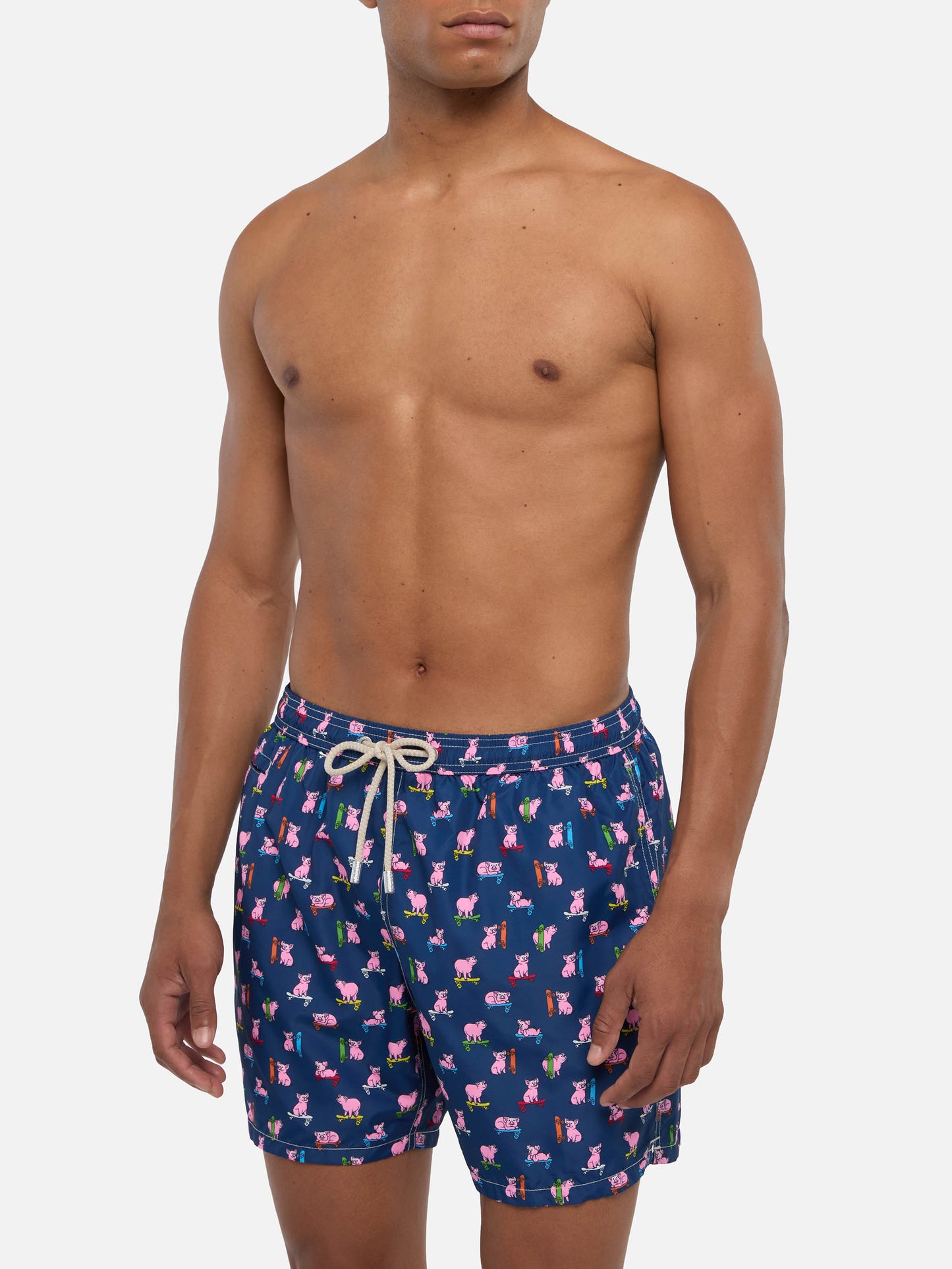 Herren-Badeshorts aus leichtem Stoff mit Skaterschwein-Aufdruck