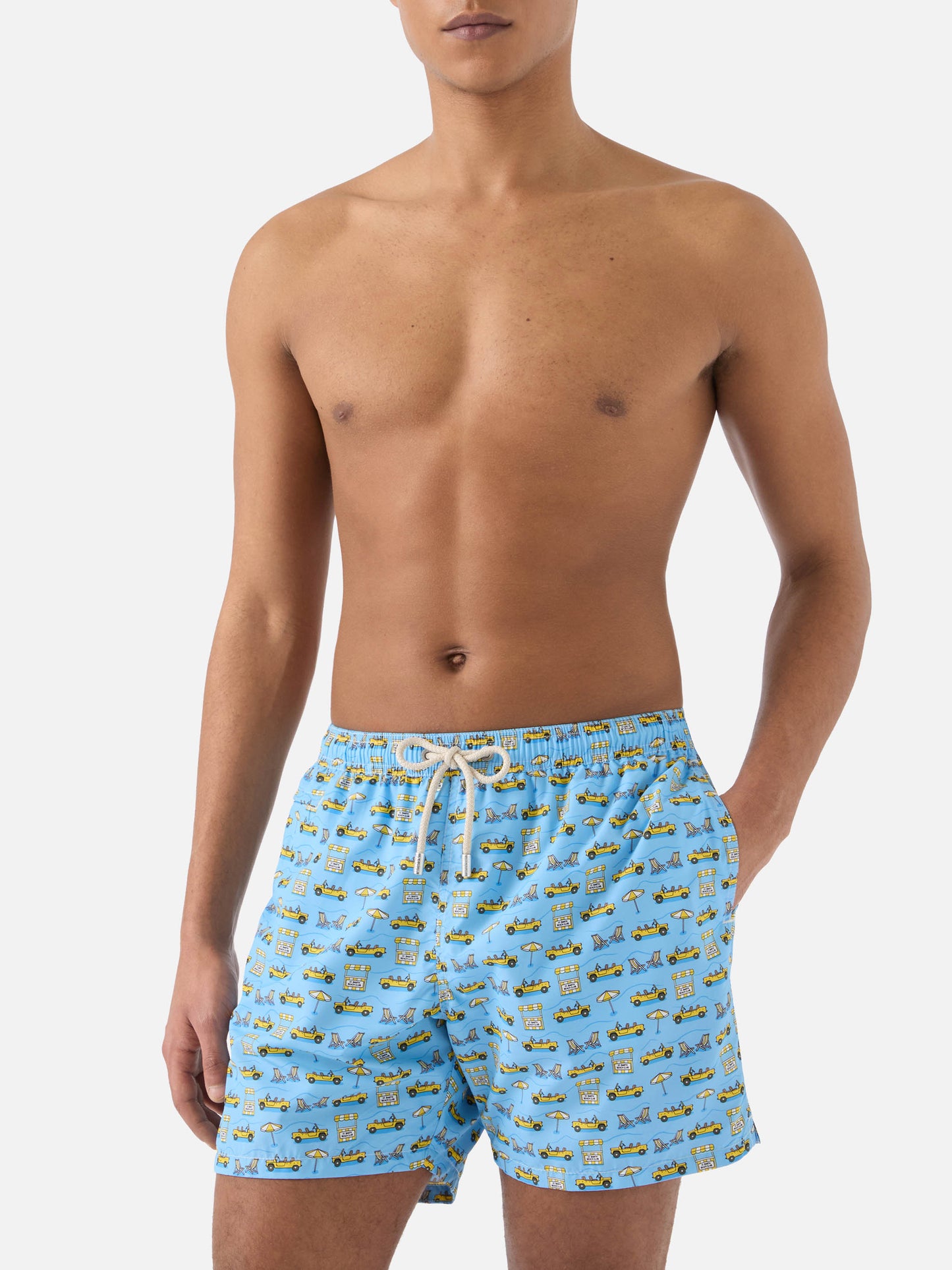 Light blue Lighting Micro swim shorts with road to Formentera all-over print