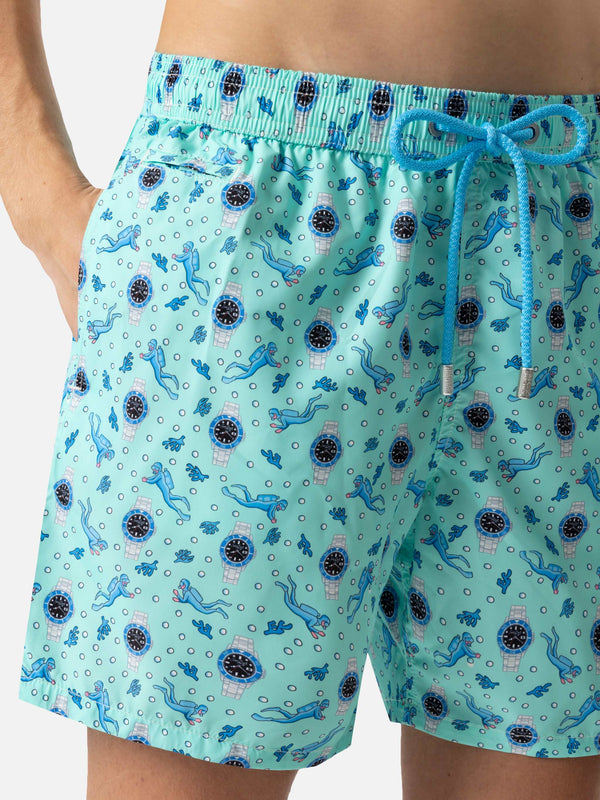 Lightweight fabric swim shorts Lighting with watch print