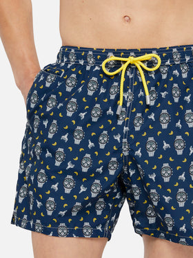 Lightweight fabric swim shorts Lighting with watch and moon print
