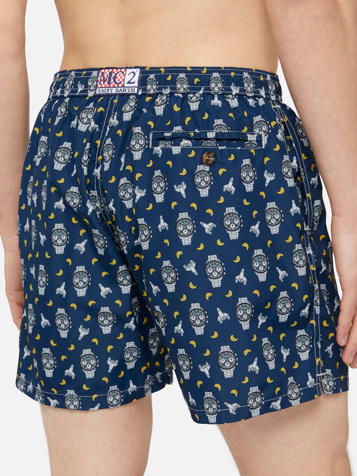 Lightweight fabric swim shorts Lighting with watch and moon print