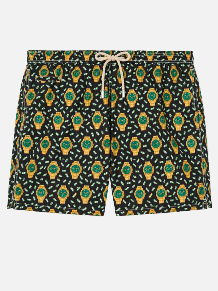 Lightweight fabric swim shorts Lighting with watch print