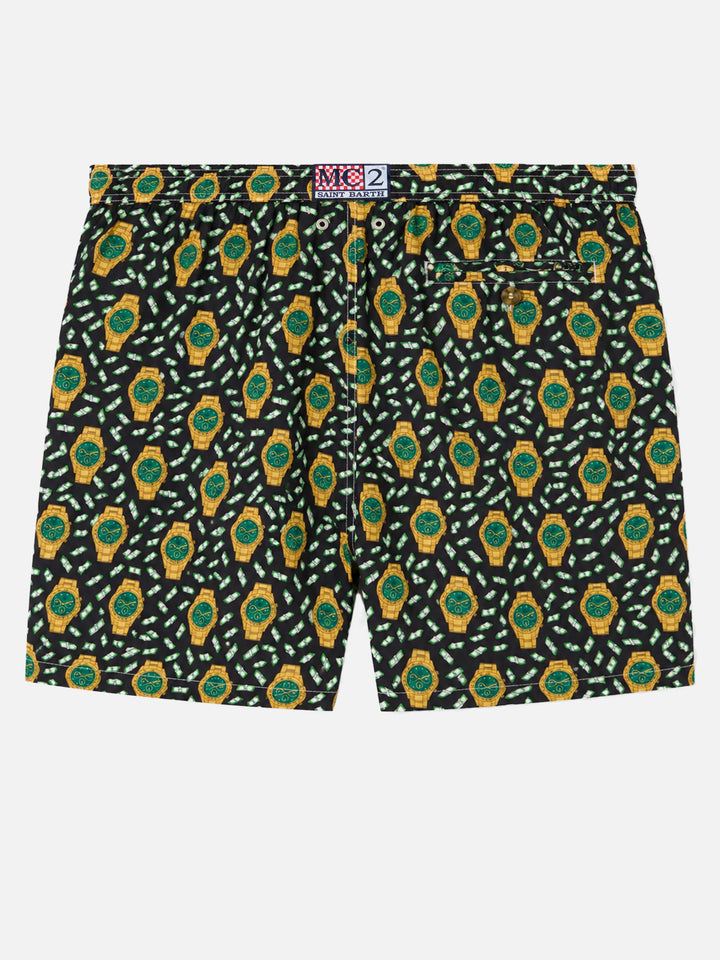 Lightweight fabric swim shorts Lighting with watch print