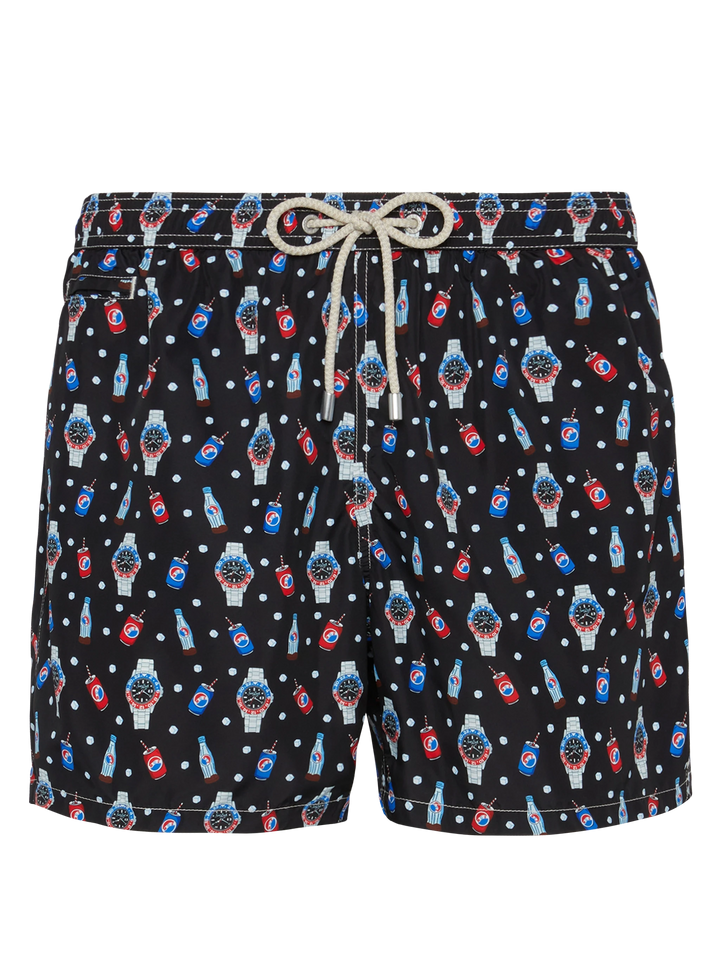 Lightweight fabric swim shorts Lighting with watch print