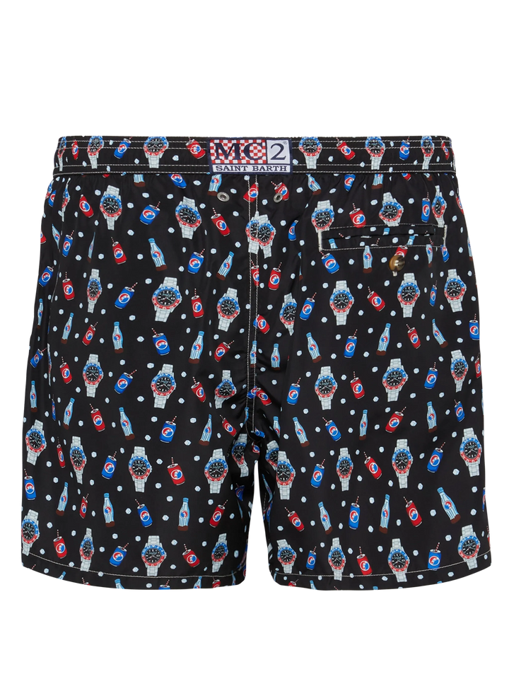 Lightweight fabric swim shorts Lighting with watch print