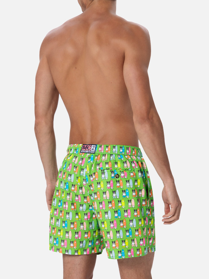 Man lightweight fabric swim-shorts Lighting Micro Fantasy with surfer dogs print