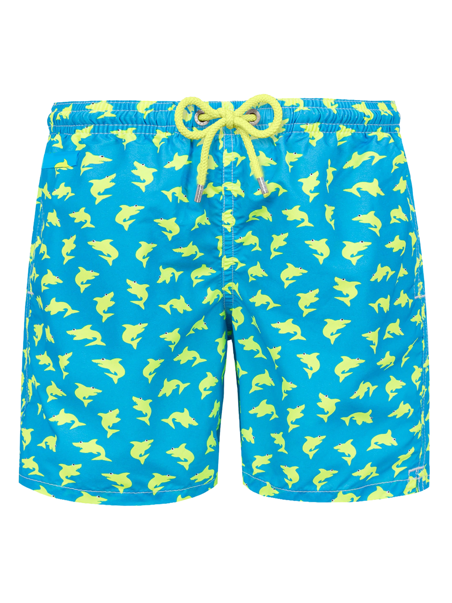 Man light fabric swim shorts with shark