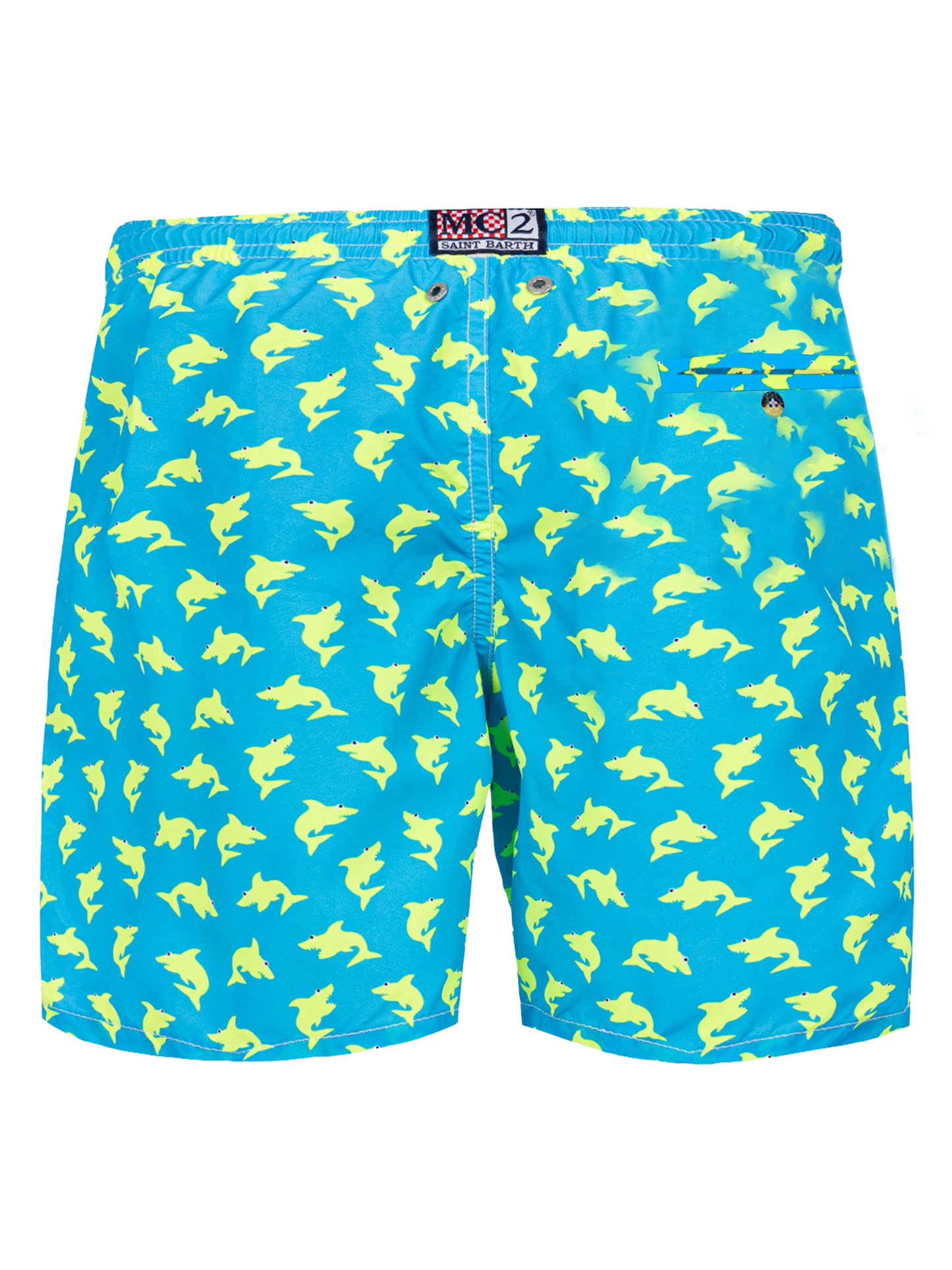 Man light fabric swim shorts with shark
