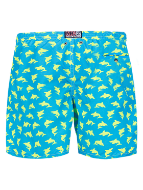 Man light fabric swim shorts with shark