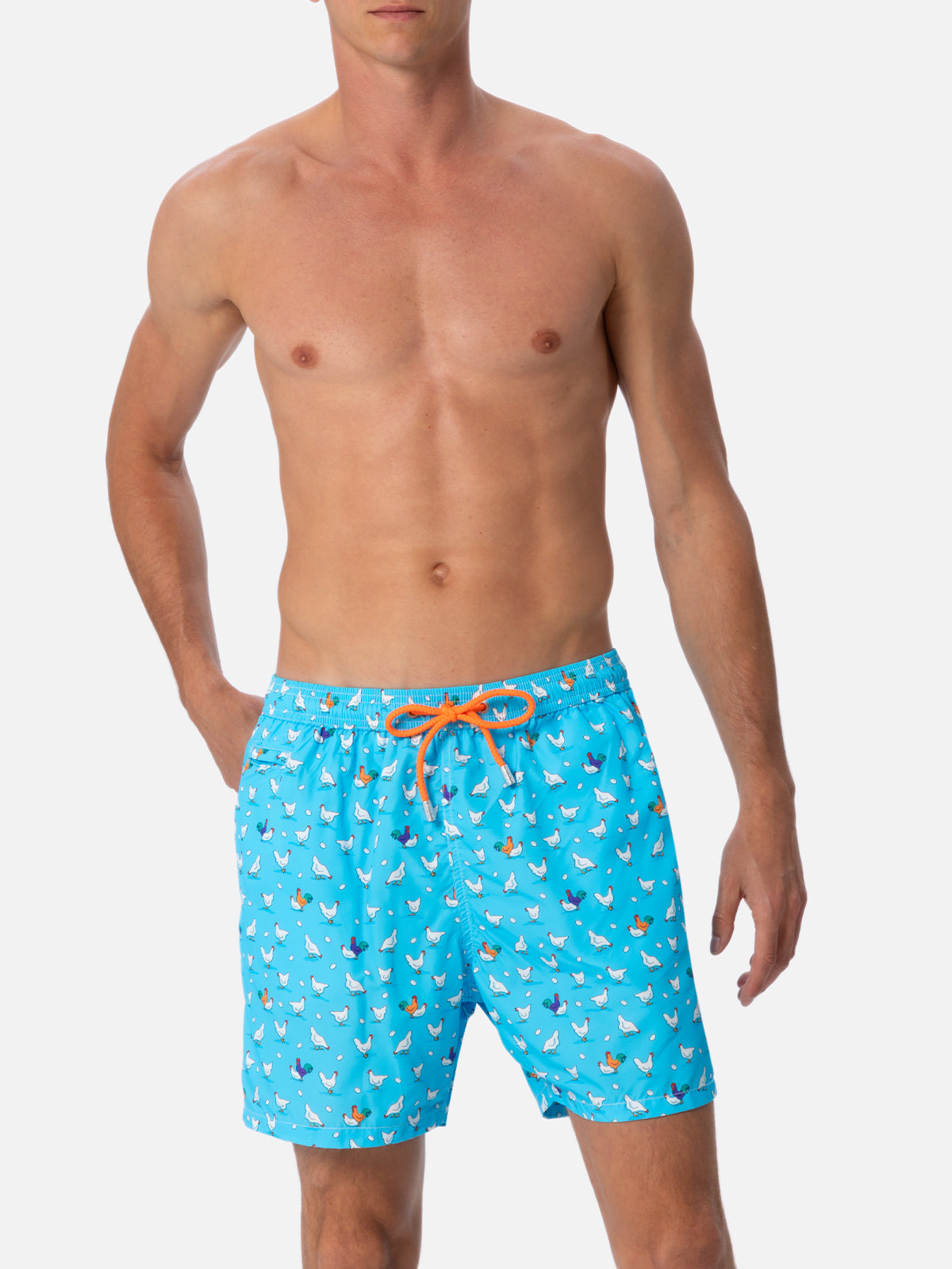 Man lightweight fabric swim-shorts Lighting Micro Fantasy with rooster print