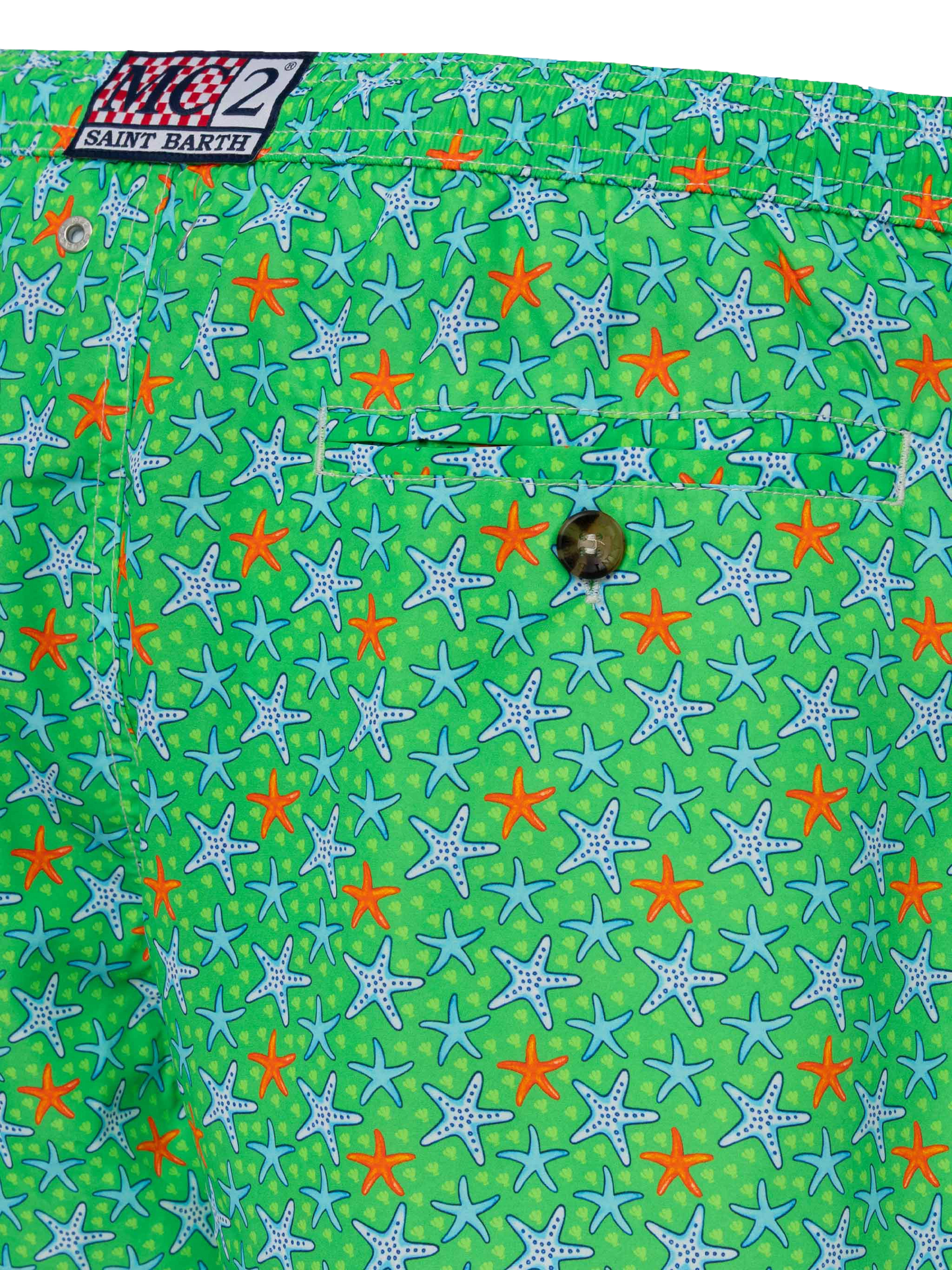 Man light fabric swim shorts with multicolor starfish print