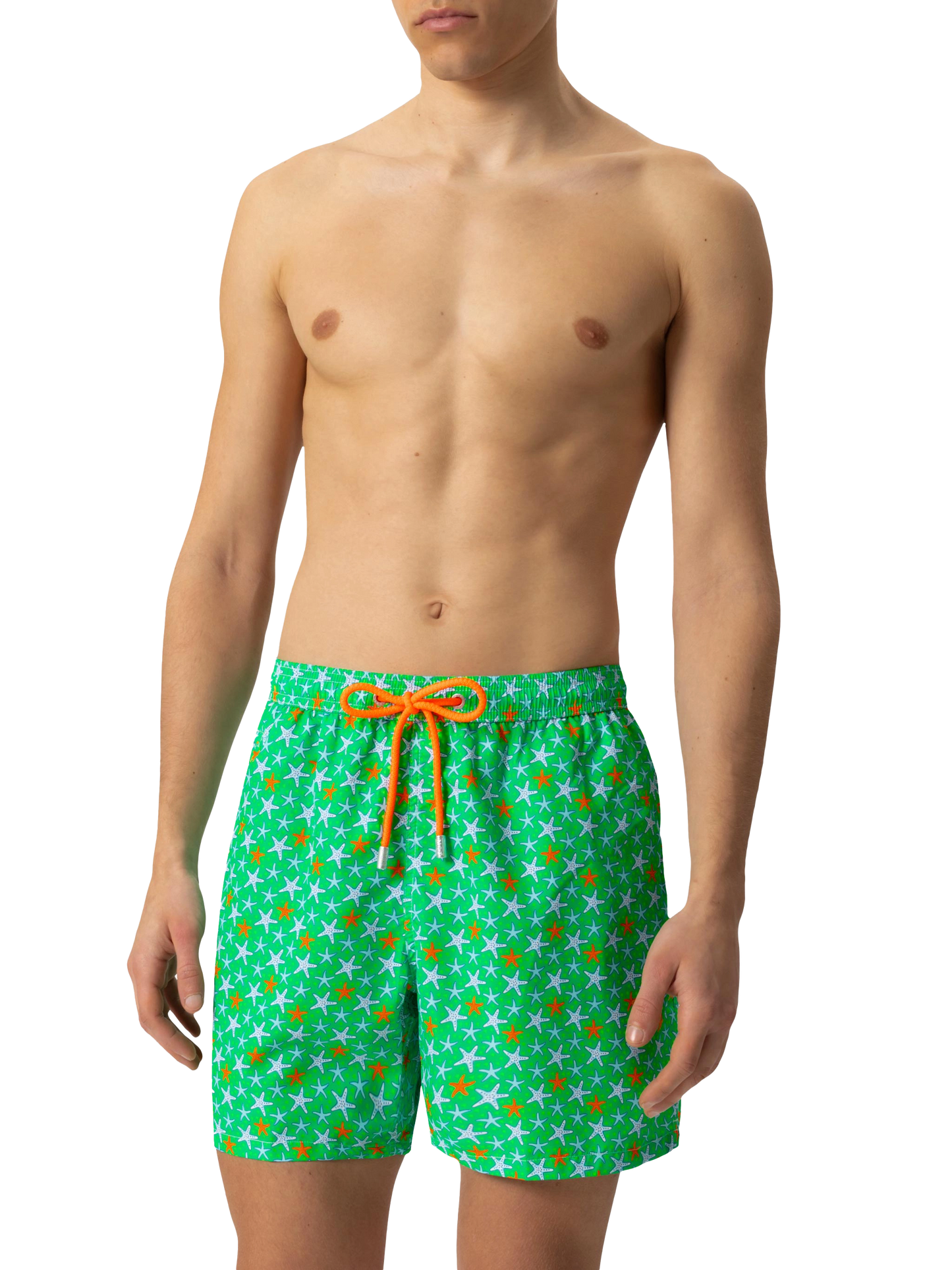 Man light fabric swim shorts with multicolor starfish print